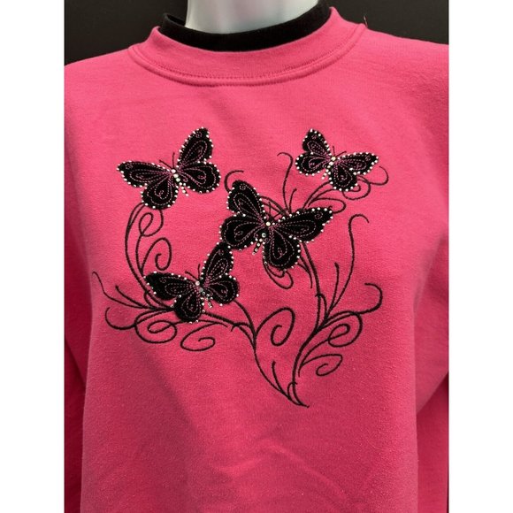 Y2K Vintage Grandma Butterfly Sweatshirt Morning Sun Embroider Medium Pink/Black - Picture 3 of 13